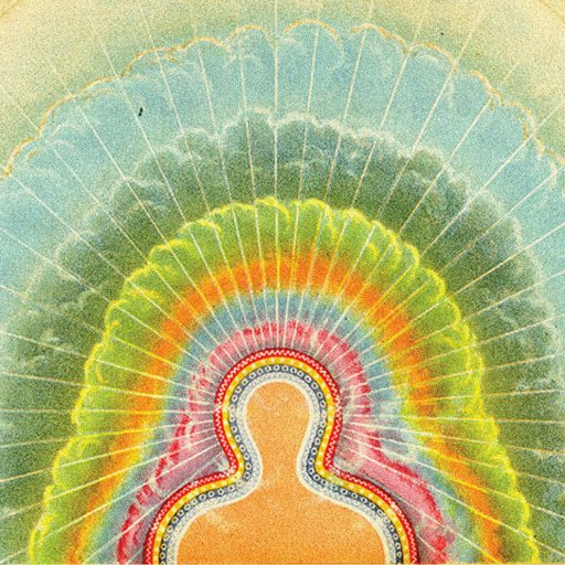 Colorful abstract depiction of a human silhouette surrounded by layered, radiant patterns in various colors against a textured background.