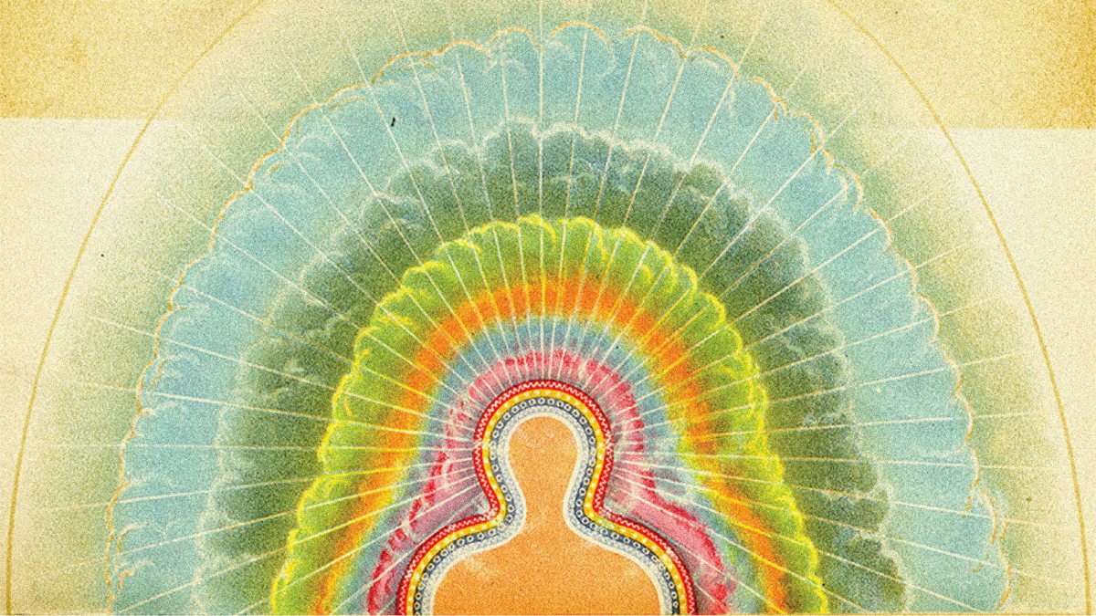 Colorful abstract depiction of a human silhouette surrounded by layered, radiant patterns in various colors against a textured background.