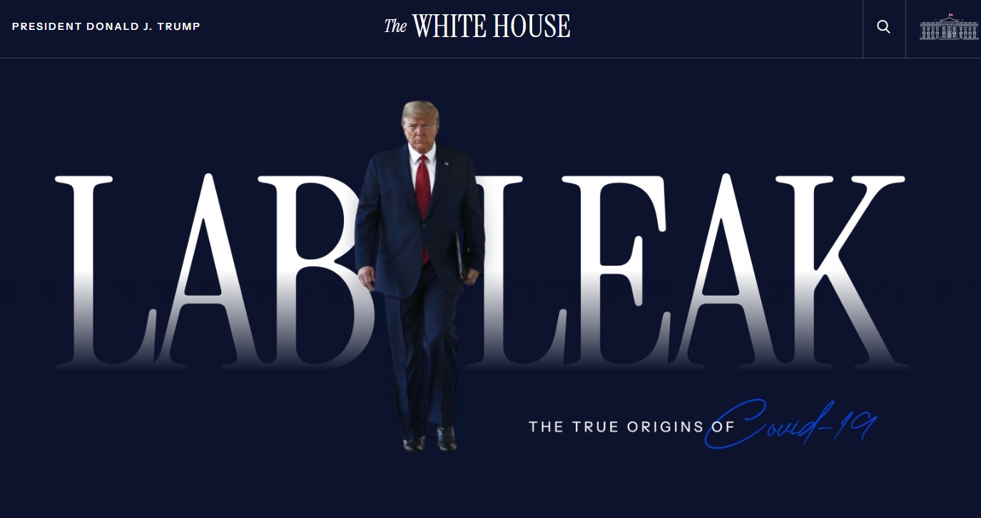 A graphic featuring Donald Trump standing before large text reading "LAB LEAK," with "The White House" insignia and the phrase "The true origins of Covid-19," highlighting the importance of truth in uncovering the pandemic’s beginnings.