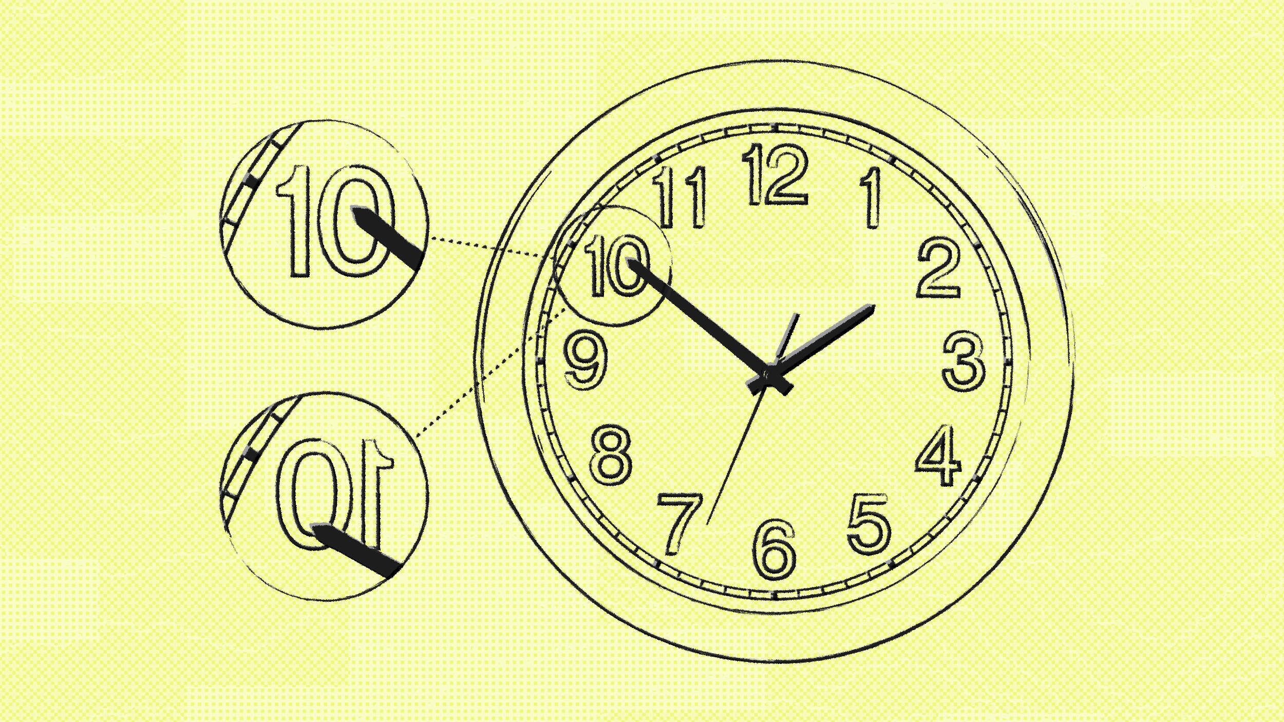 Illustration of a clock showing 10:10 with zoomed-in views highlighting both '10' markings, on an orange background.