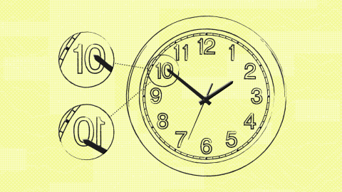 Illustration of a clock showing 10:10 with zoomed-in views highlighting both '10' markings, on an orange background.