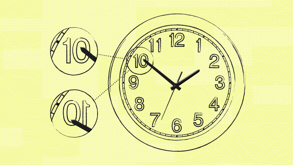 Illustration of a clock showing 10:10 with zoomed-in views highlighting both '10' markings, on an orange background.