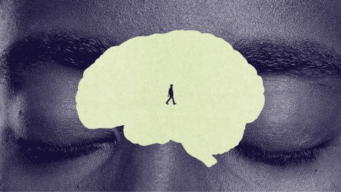 Illustration of a person walking inside a brain silhouette, overlaid on a close-up of closed eyes.