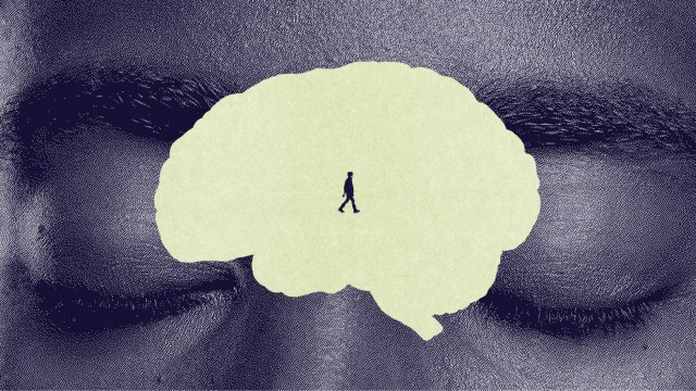 Illustration of a person walking inside a brain silhouette, overlaid on a close-up of closed eyes.