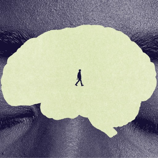 Illustration of a person walking inside a brain silhouette, overlaid on a close-up of closed eyes.