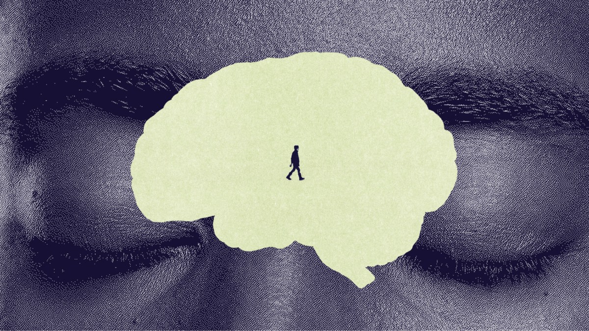 Illustration of a person walking inside a brain silhouette, overlaid on a close-up of closed eyes.