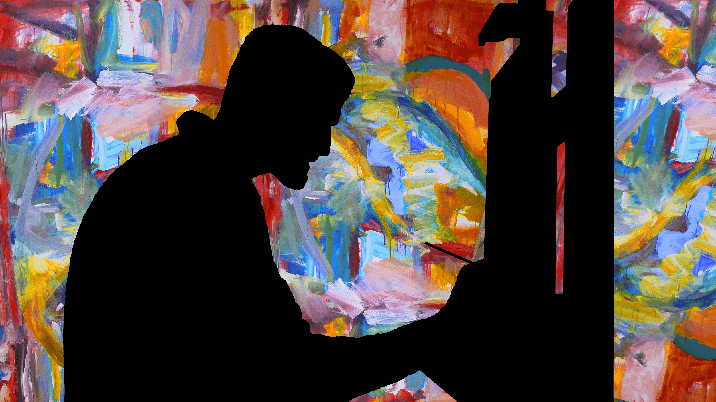 Silhouette of a person creating art at an easel, with a colorful abstract painting in the background.