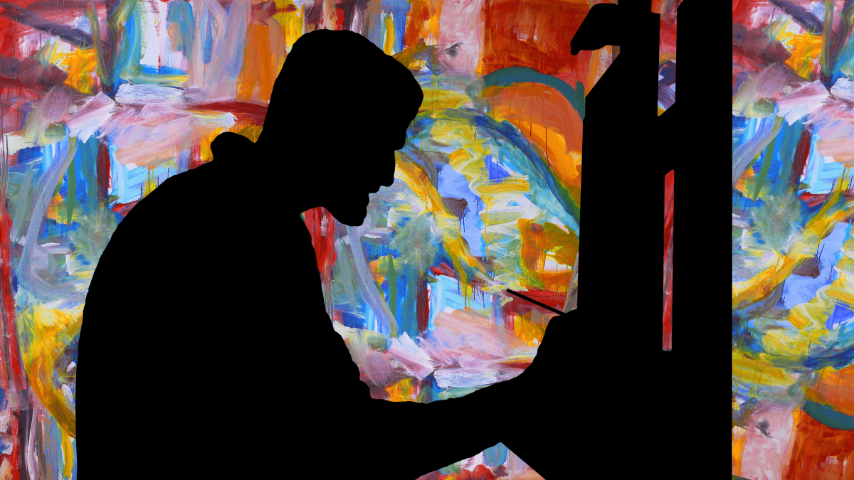 Silhouette of a person creating art at an easel, with a colorful abstract painting in the background.