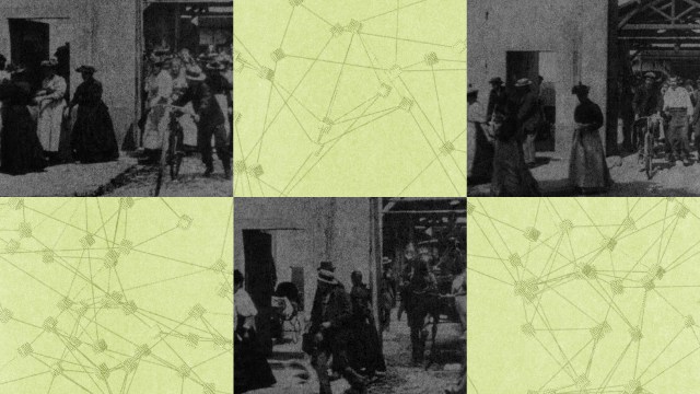 People in early 20th-century attire gather outside a building, as an intriguing green geometric pattern overlays the scene. This blend of classic and modern elements evokes the innovative spirit of AI art.