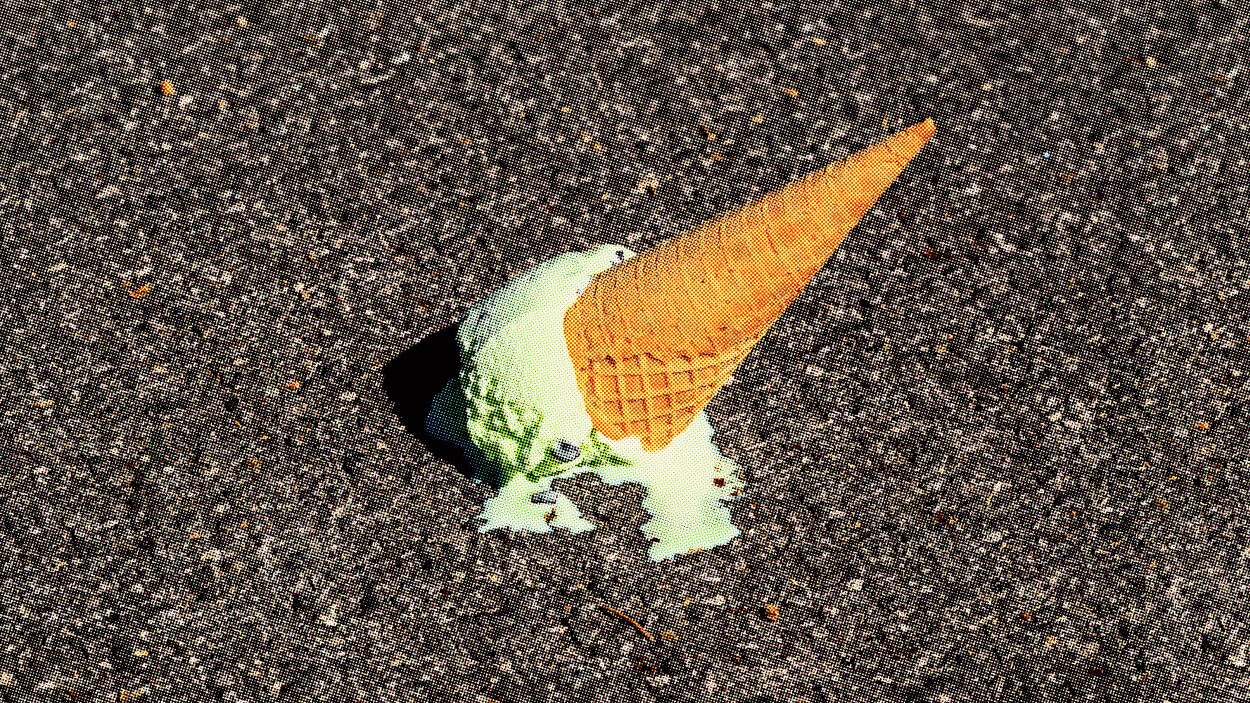 A hint of pessimism drips from the upside-down mint ice cream cone melting on the asphalt, a sweet reminder that some delights are meant to slip away.