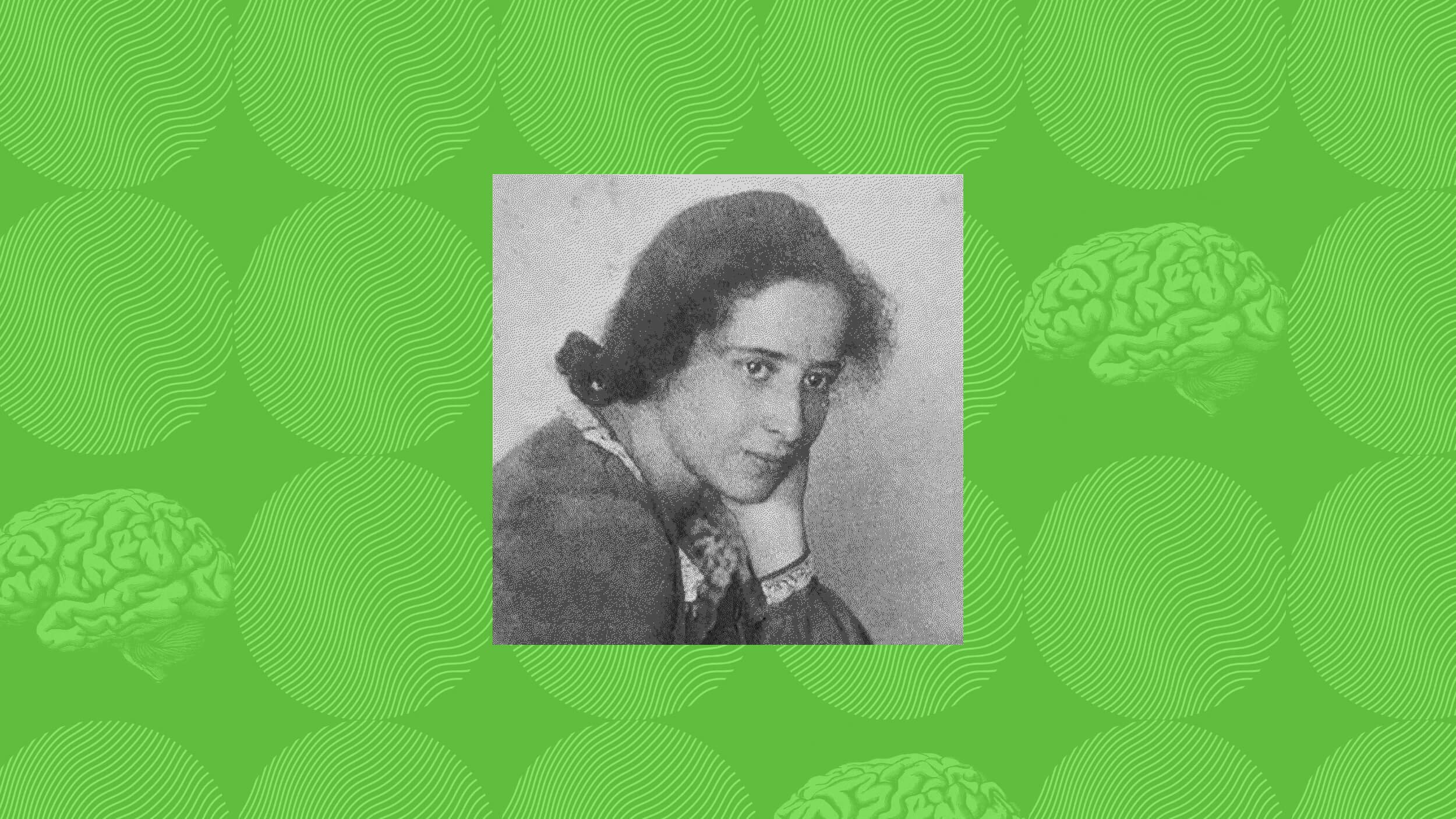 Black and white photo of a young woman resting her chin on her hand, set against a green background with circular and brain patterns.