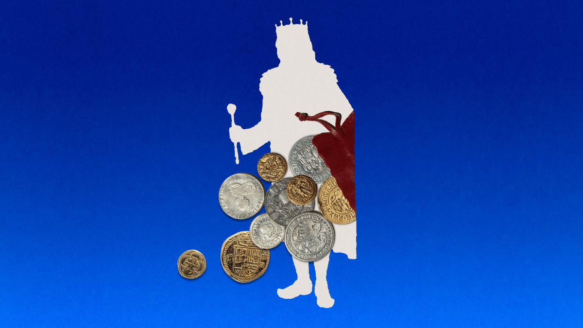 A silhouette of a crowned figure holding a scepter and a red bag, with various coins spilling out against a blue background.