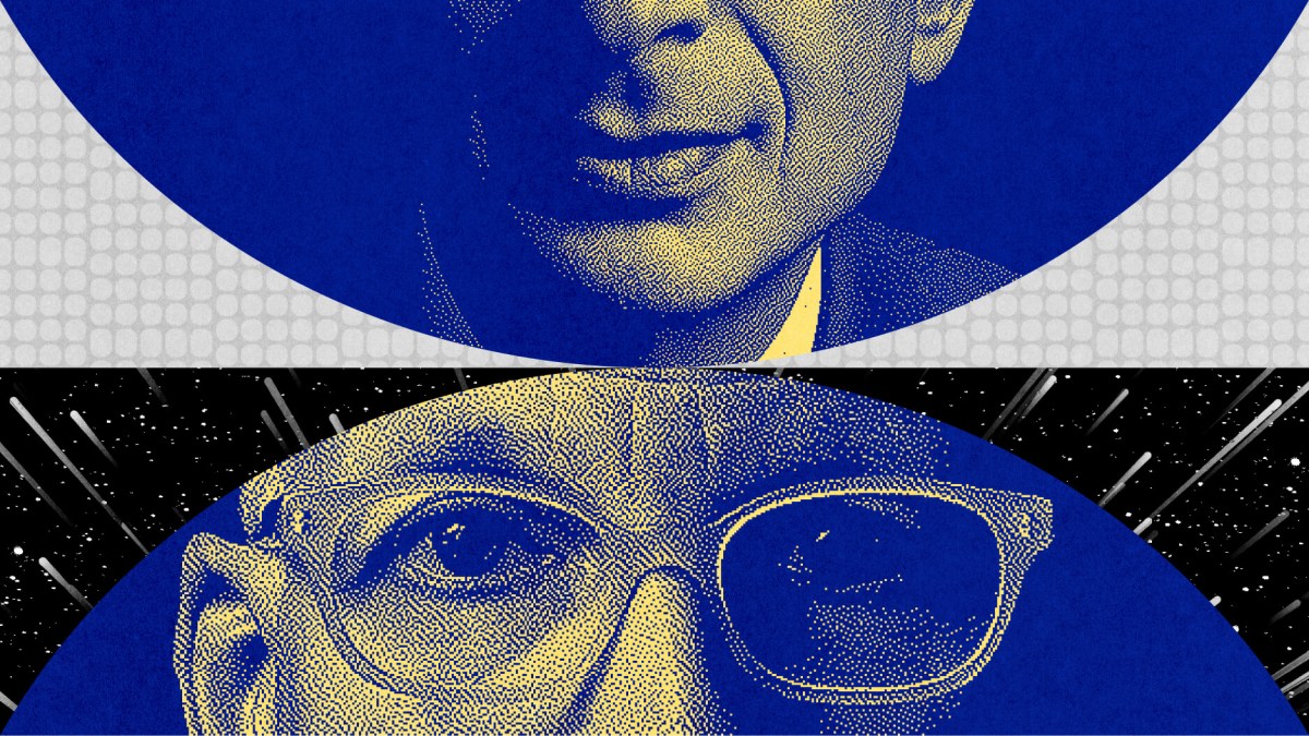 Stylized graphic featuring two separate, partial illustrations of faces in blue and yellow tones against textured backgrounds, subtly capturing a nod to Seth Godin's bold and thought-provoking style.
