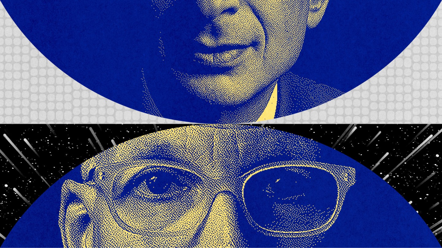 Stylized graphic featuring two separate, partial illustrations of faces in blue and yellow tones against textured backgrounds, subtly capturing a nod to Seth Godin's bold and thought-provoking style.