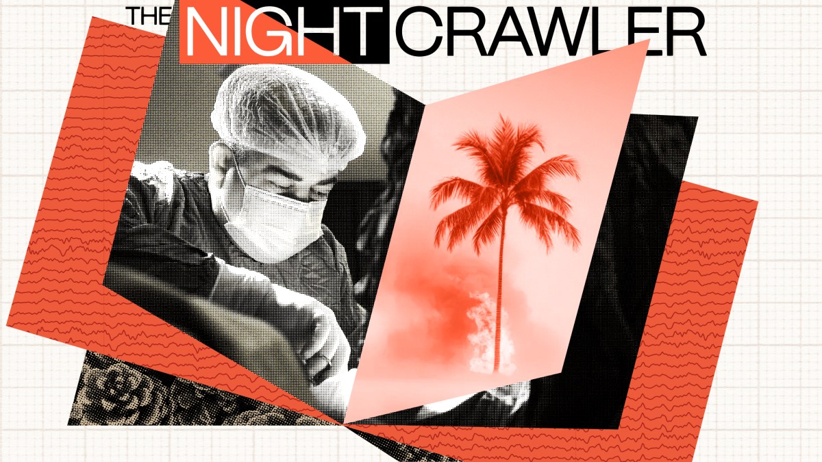 A collage features a masked life-saver in surgical attire, a palm tree scene, and bold text reading "The Night Crawler" against a geometric background.