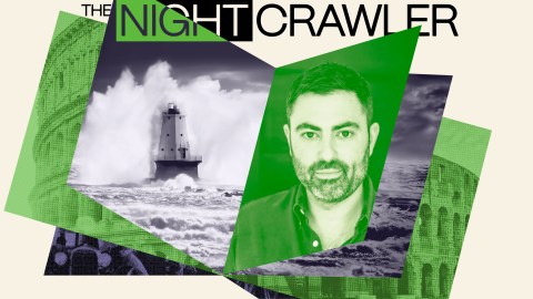 A graphic featuring the text "The Nightcrawler," a black-and-white photo of a lighthouse amid waves that outlast the storm, and a green-tinted portrait of a man.