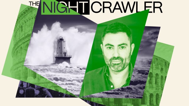 A graphic featuring the text "The Nightcrawler," a black-and-white photo of a lighthouse amid waves that outlast the storm, and a green-tinted portrait of a man.