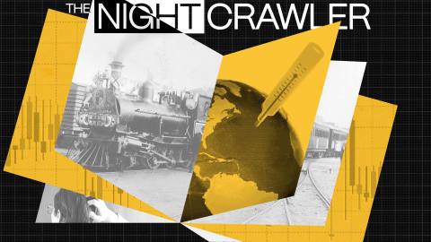 Collage with a steam locomotive, a globe with a syringe, and train tracks sparks curiosity, overlaid by the text "The Nightcrawler" on a dark grid background.