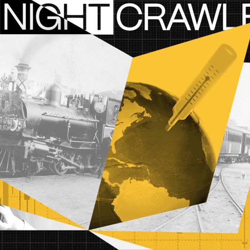Collage with a steam locomotive, a globe with a syringe, and train tracks sparks curiosity, overlaid by the text "The Nightcrawler" on a dark grid background.