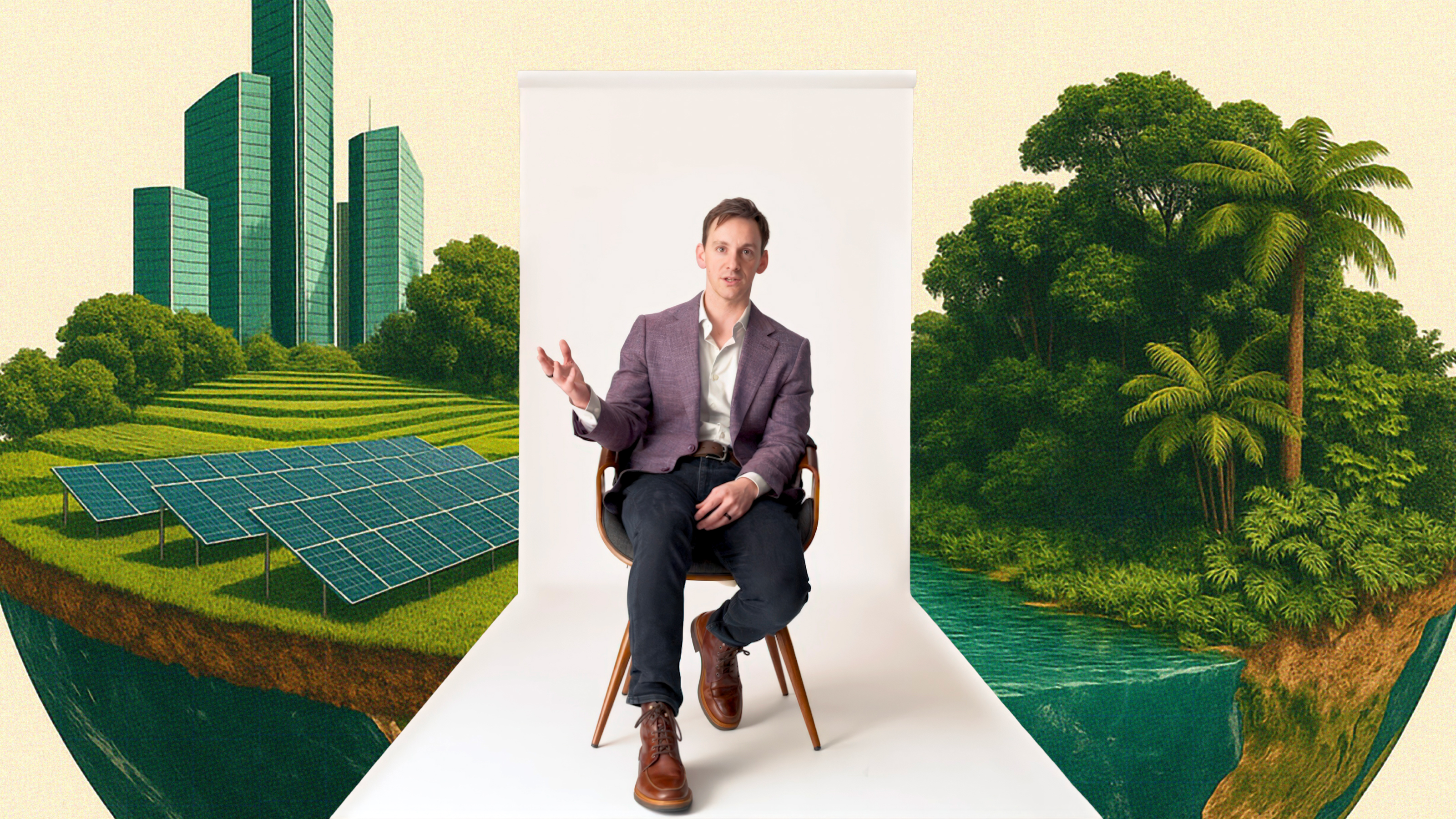 A man in a suit sits on a chair against a white backdrop, with illustrated green skyscrapers, solar panels, and trees in the background.