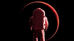 An astronaut in a spacesuit stands facing a large red planet or celestial body with a glowing edge against a black background.