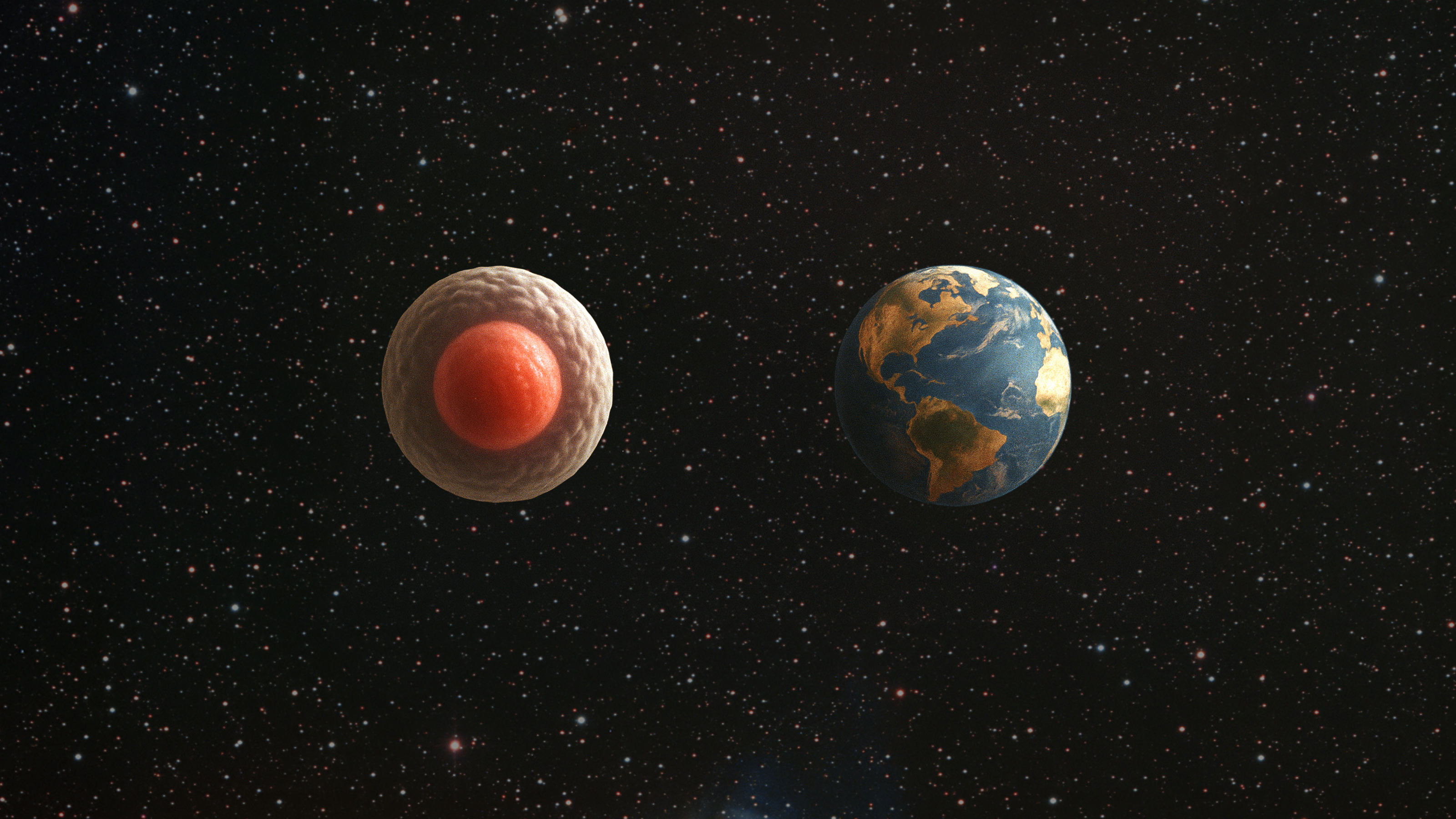 A human cell and the Earth are shown side by side in outer space against a starry background.