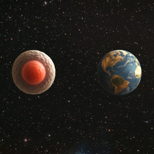 A human cell and the Earth are shown side by side in outer space against a starry background.
