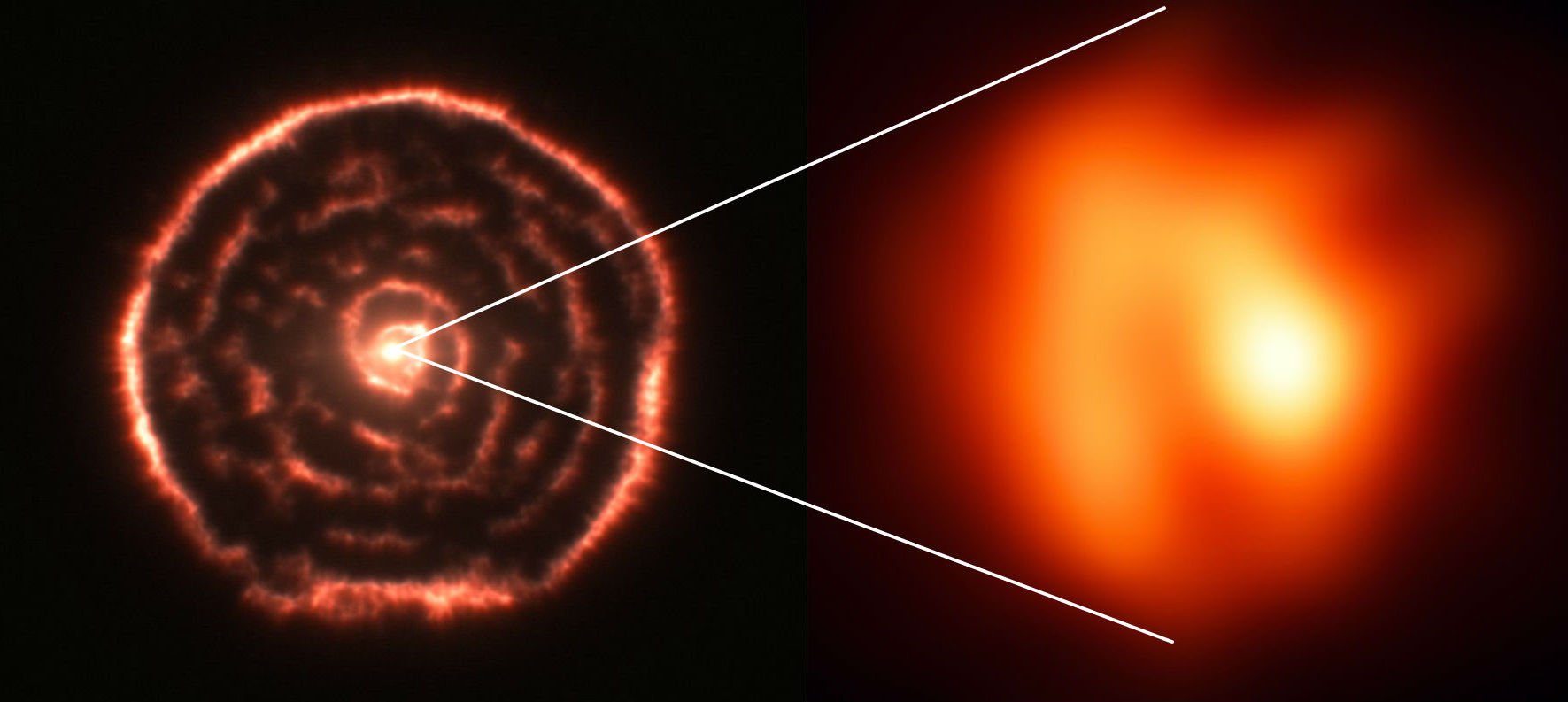 A split image shows a spiral structure on the left and a bright, blurry red object on the right, with lines connecting the two—revealing how space appearance can deceive during astronomical observations.