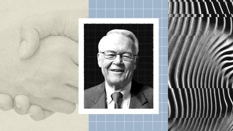 Black and white portrait of David Aaker, an older man in a suit and glasses, centered between artistic backgrounds of a handshake, grid, and abstract curved lines.