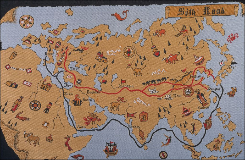 Illustrated map showing the Silk Road trade routes across Europe, the Middle East, and Asia, with notable cities and geographic features highlighted.