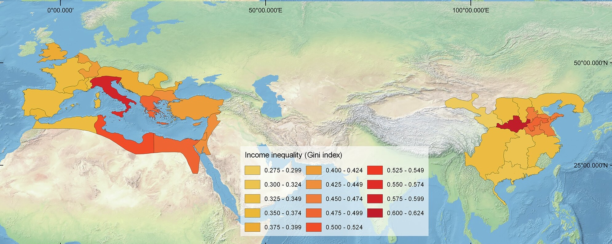Map showing income inequality (Gini index) in regions of the Roman and Han Empires, with a color scale indicating levels of inequality from low (yellow) to high (dark red).