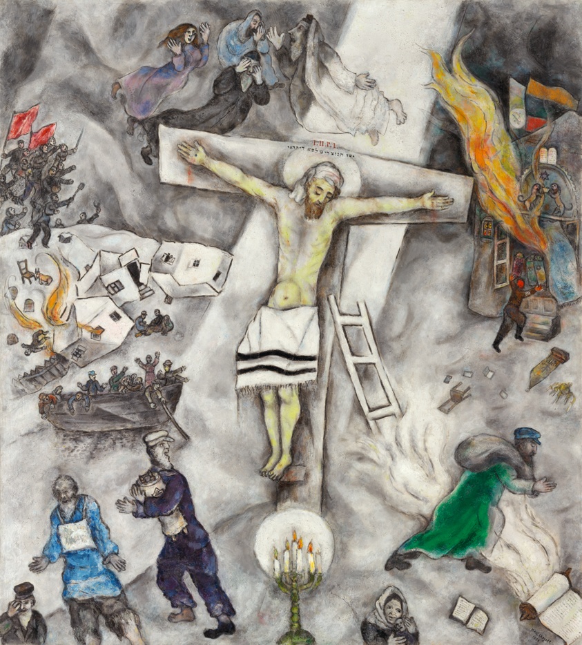 A painting depicts Jesus on the cross at the center, surrounded by scenes of chaos, fleeing people, burning buildings, soldiers, and a menorah in the foreground.