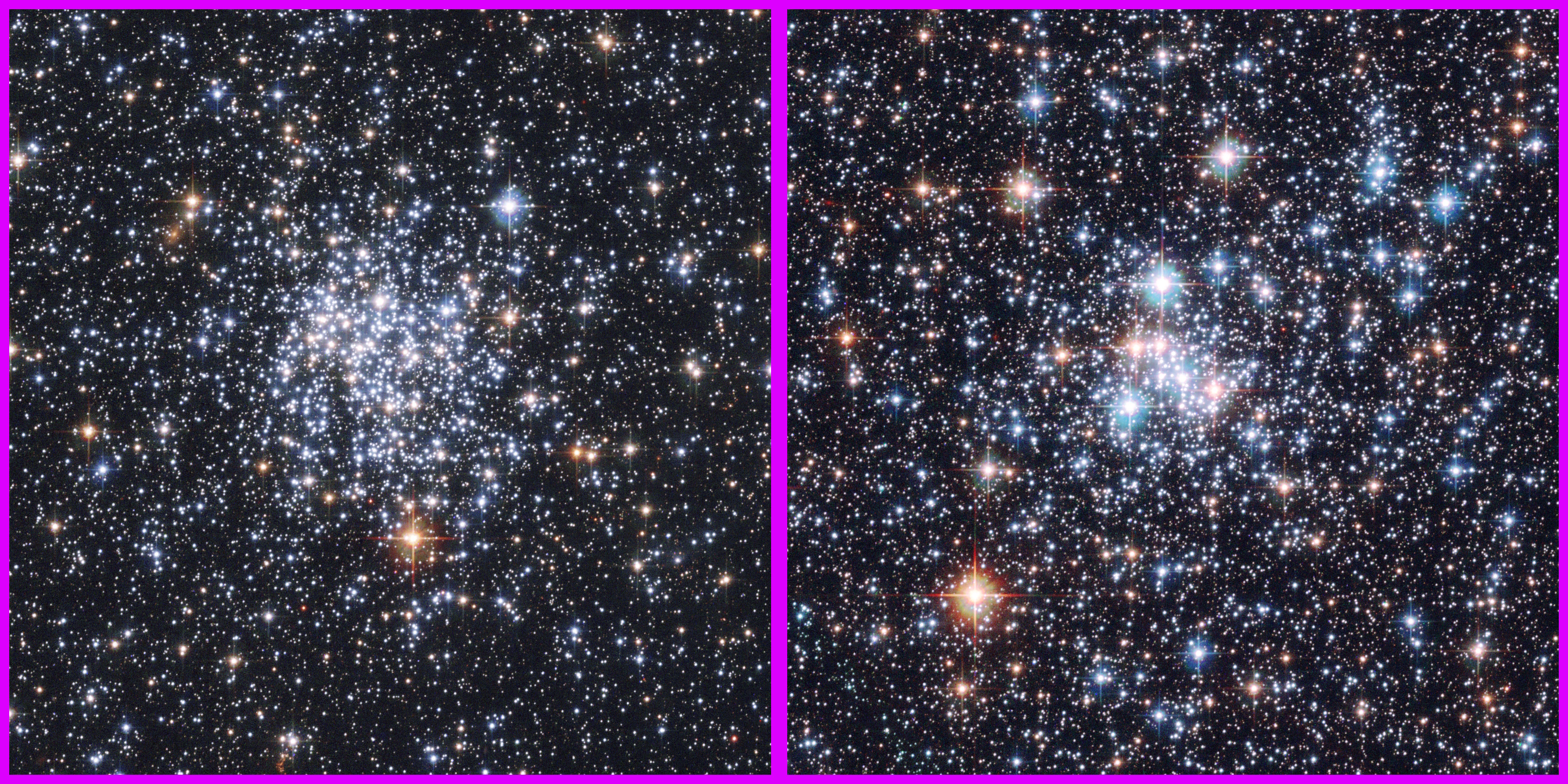 Side-by-side images of two dense star clusters in space, where the dazzling appearance might deceive the eye, both filled with numerous bright stars against a dark background and bordered by a magenta outline.