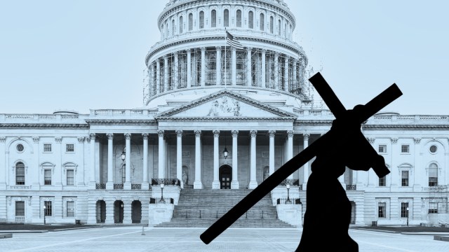 Silhouette of a person carrying a cross in front of the United States Capitol building, symbolizing cross purposes between faith and politics.