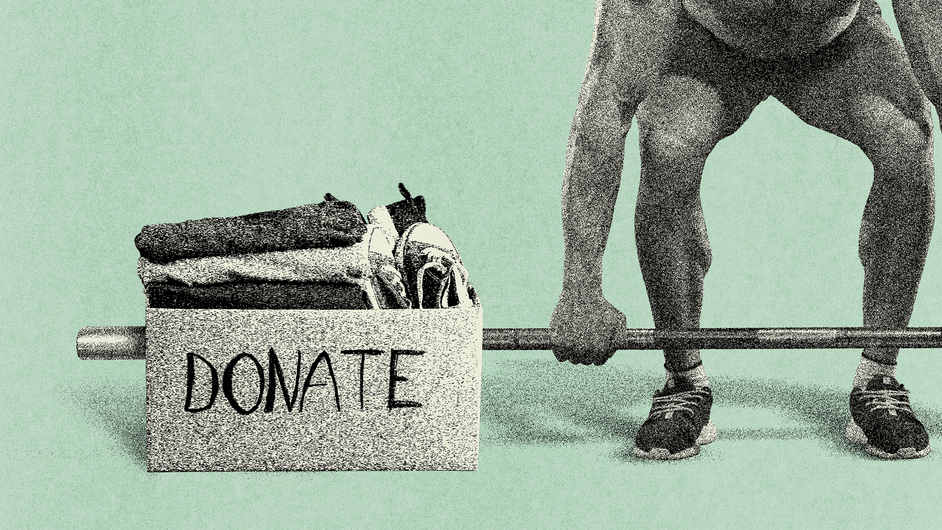 A person lifts a barbell next to a box labeled "DONATE," filled with folded clothes and shoes, highlighting fitness and charity against a light green background.