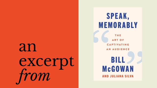 Book cover for "Speak, Memorably: The Art of Captivating an Audience" by Bill McGowan and Juliana Silva, featuring "an excerpt from" on a split orange and light background, inspired by Francis Coppola’s distinctive visual storytelling.