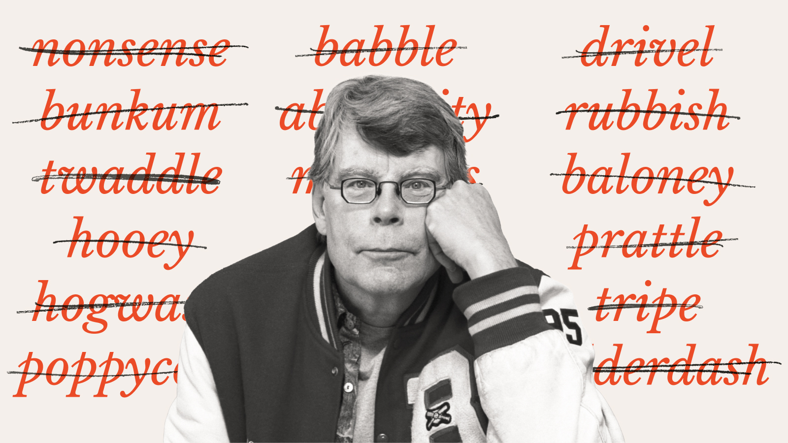 A man sits with his head resting on his hand, surrounded by crossed-out words like "nonsense," "babble," and "rubbish" in red text.
