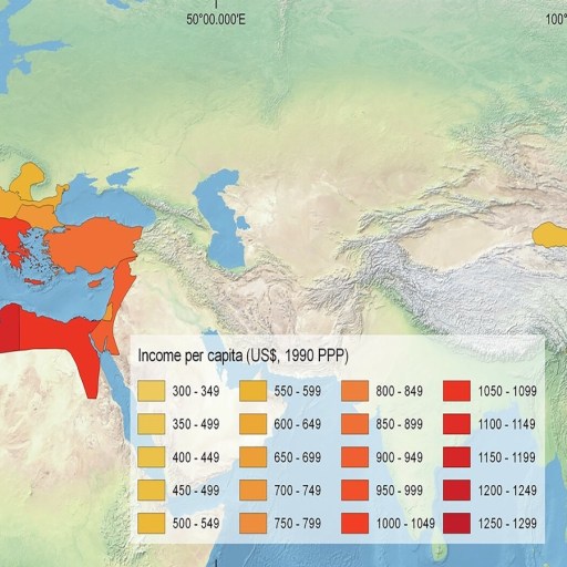 Map showing income per capita in 1300 (US dollars, 1990 PPP) across Europe, the Middle East, North Africa, and Asia, with regions shaded by income brackets.