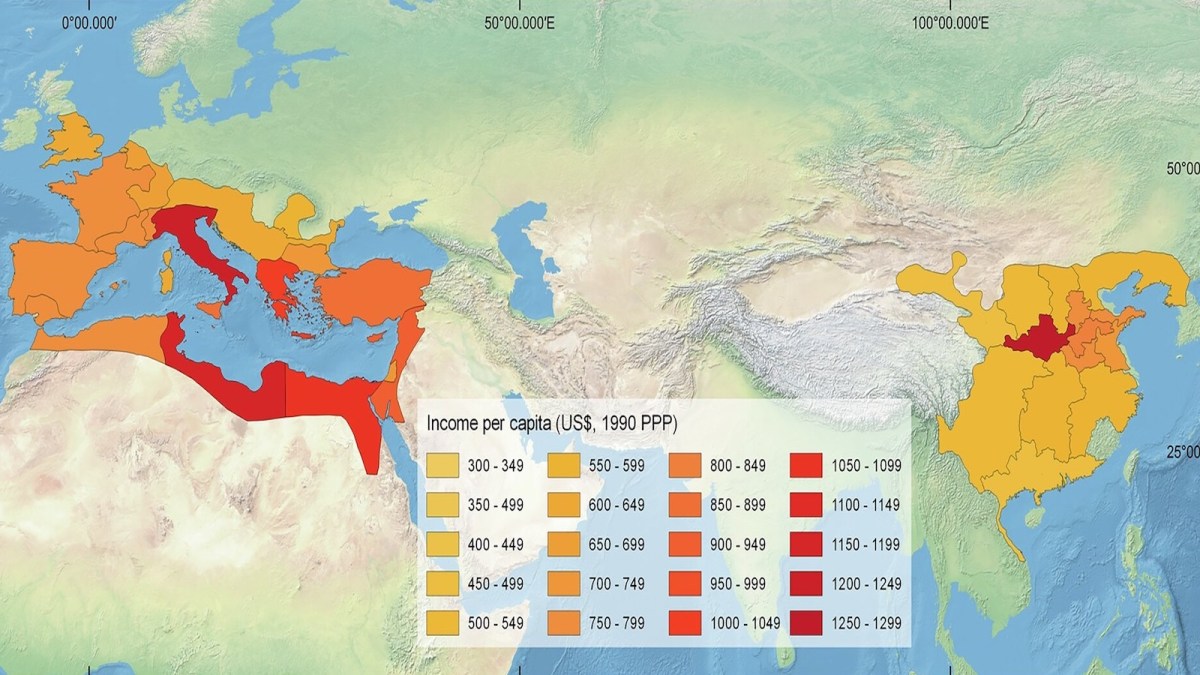 Map showing income per capita in 1300 (US dollars, 1990 PPP) across Europe, the Middle East, North Africa, and Asia, with regions shaded by income brackets.
