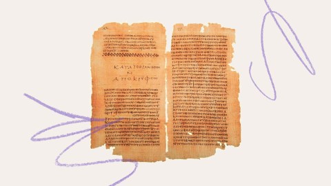 A photograph of an ancient manuscript with Greek text, displayed on a plain background with abstract purple lines drawn around the edges.