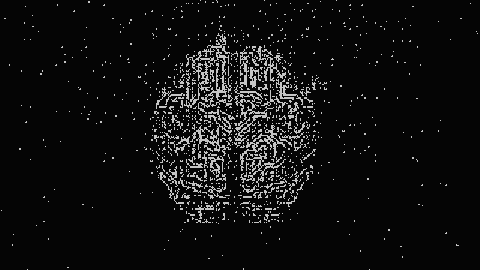 A digital illustration of a brain, composed of circuit-like lines, appears against a black background filled with white dots resembling stars.