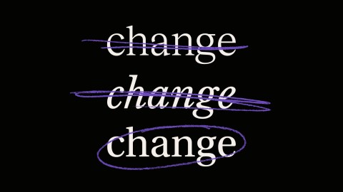 The word "change" appears three times; the top two are crossed out in purple, while the bottom one—creativity highlighted—is circled in purple, all on a black background.