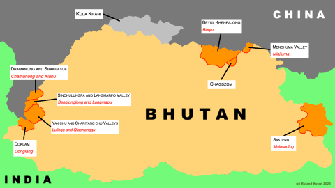 Map of Bhutan showing its borders with China and India, highlighting several disputed regions with labels indicating their names and locations.