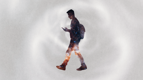 Silhouette of a person with a backpack looking at a phone or book, filled with a galaxy pattern, on a light, swirling background.