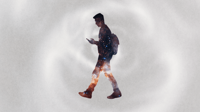 Silhouette of a person with a backpack looking at a phone or book, filled with a galaxy pattern, on a light, swirling background.