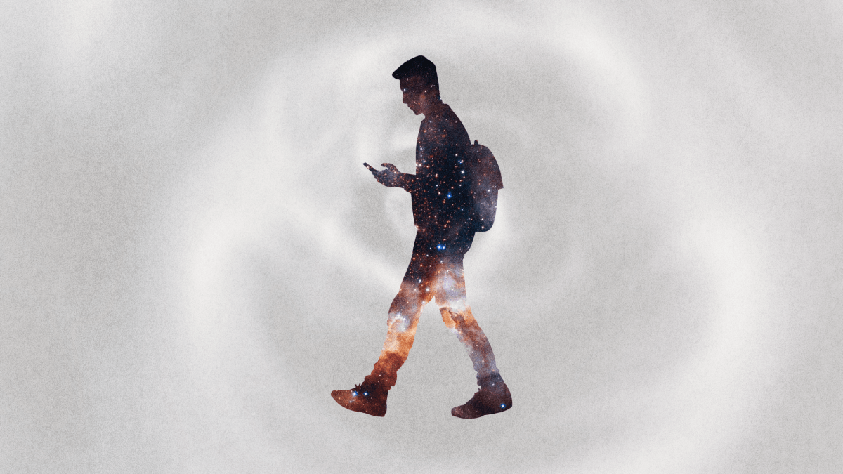 Silhouette of a person with a backpack looking at a phone or book, filled with a galaxy pattern, on a light, swirling background.