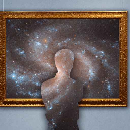 A silhouette of a person blends into an image of a galaxy displayed in a gold ornate frame on a gray wall.