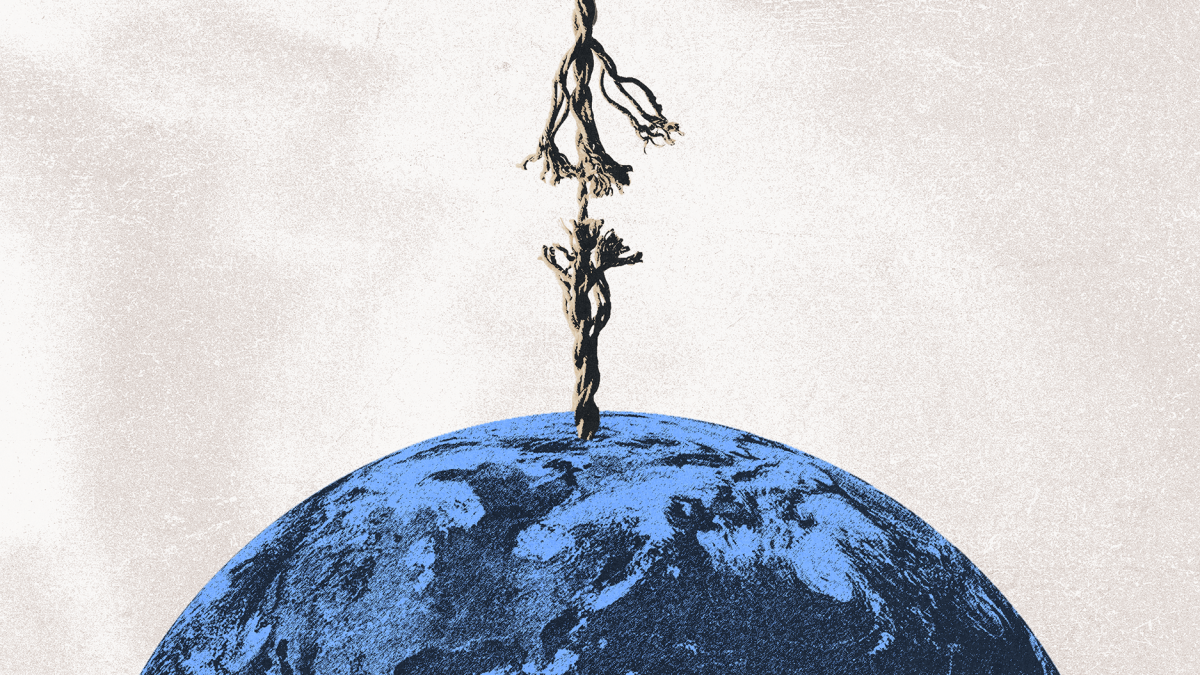 A frayed rope descends from above and is attached to the top of a blue Earth, symbolizing fragility or tension.