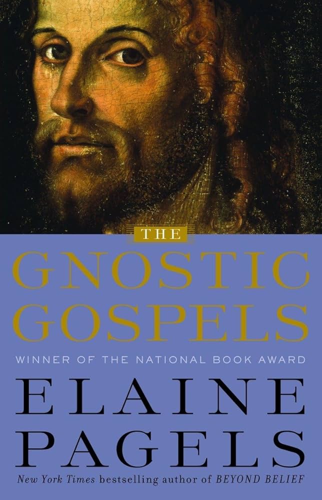 Book cover of "The Gnostic Gospels" by Elaine Pagels, a notable addition to books on Bible history, featuring a partial image of a classical portrait of a man and gold and white text on a blue background.