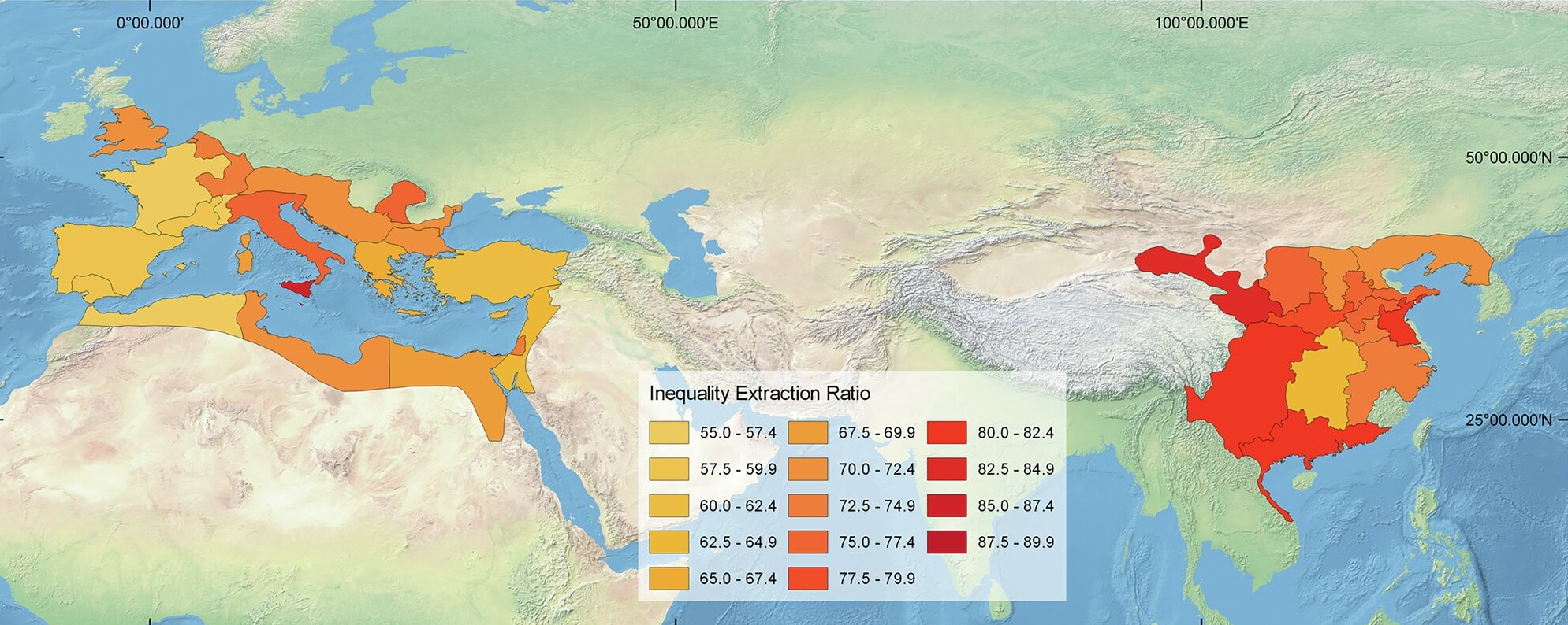 Map showing the inequality extraction ratio in ancient regions of Europe, the Middle East, and Asia, using a color scale from yellow (lowest) to red (highest) values.
